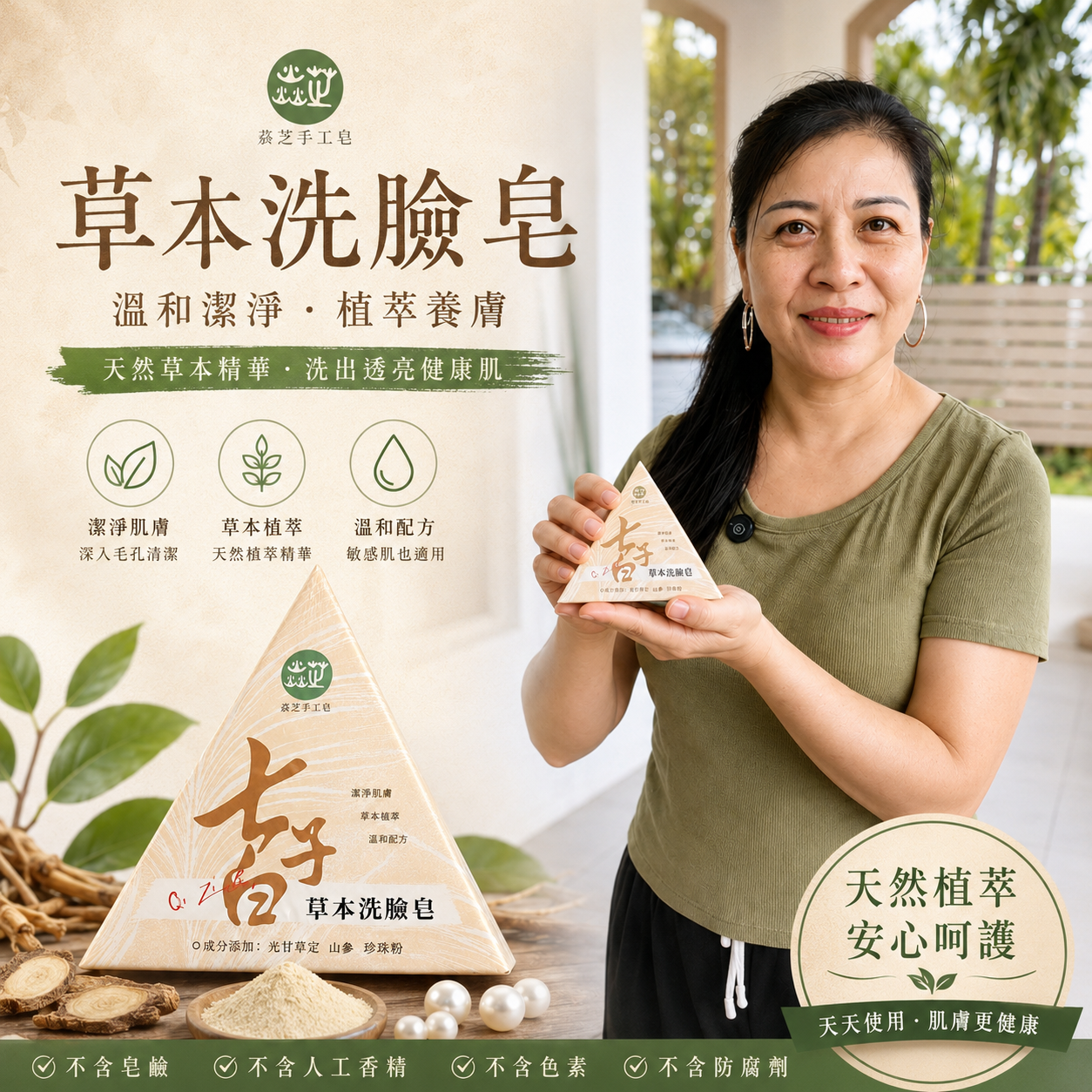 【 台灣焱芝手工皂老闆娘吳焱芝强烈推薦全新洗臉皂 】 七子白草本洗臉皂，嚴選7種天然草本植物精華，溫和清潔，净膚更放心！草本清痘去油，净透黑頭！植萃養護，維穩肌膚，橫掃黃黑皮！